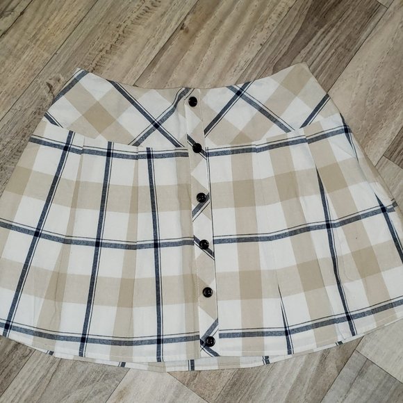 JOA Cream/White Pleated Plaid/Tartan Skirt/Kilt